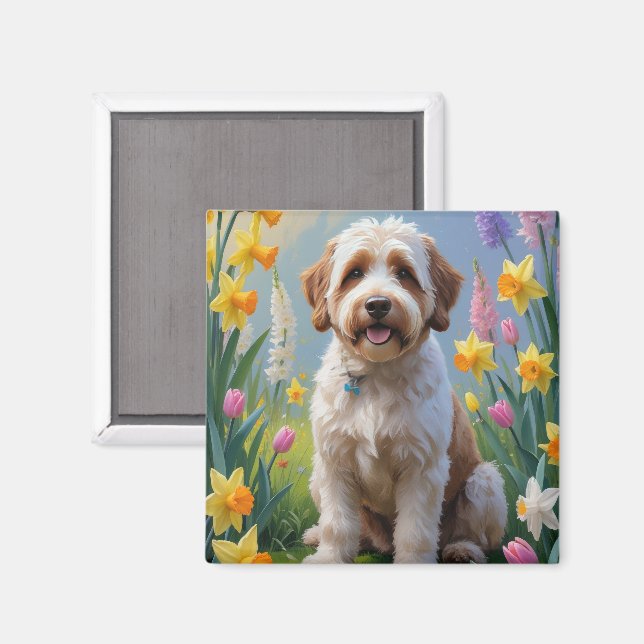 Aimant Peinture de fleurs printanières Bernedoodle  (Recto/Verso)