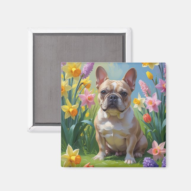 Aimant Peinture de fleurs printanières de Bouledogue Fran (Recto/Verso)