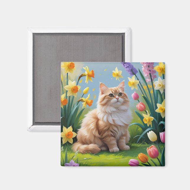 Aimant Peinture de fleurs printanières de chat angora tur (Recto/Verso)