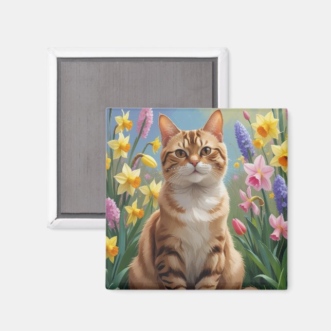 Aimant Peinture de fleurs printanières de chat Bengal (Recto/Verso)