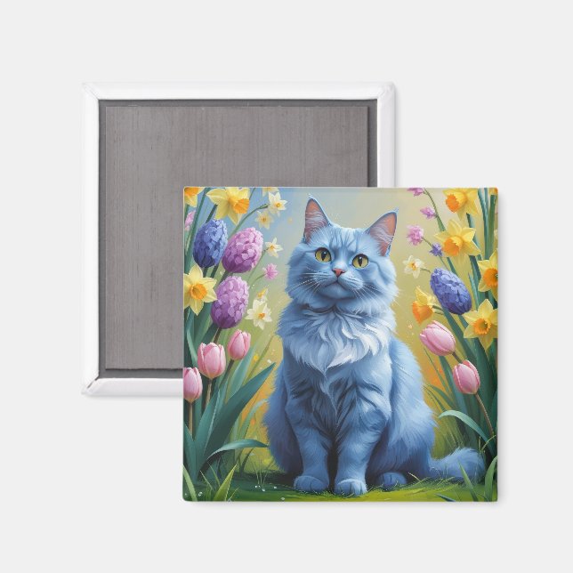 Aimant Peinture de fleurs printanières de chat bleu russe (Recto/Verso)