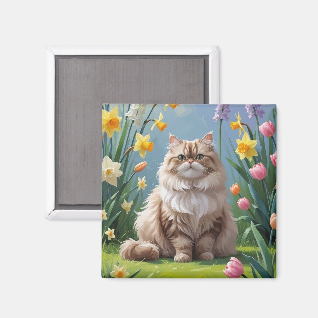 Aimant Peinture de fleurs printanières de chat persan (Recto/Verso)