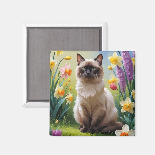 Aimant Peinture de fleurs printanières de chat siamois (Recto/Verso)