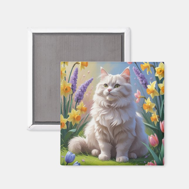 Aimant Peinture de fleurs printanières de chat sibérien (Recto/Verso)