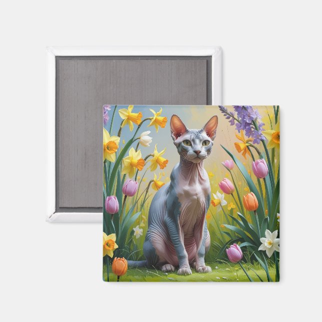 Aimant Peinture de fleurs printanières de chat Sphynx (Recto/Verso)