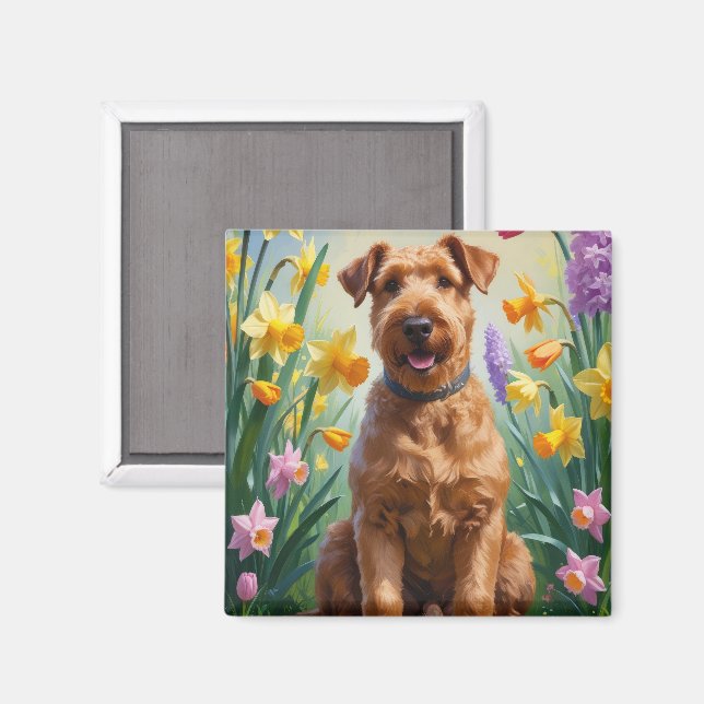 Aimant Peinture de fleurs printanières de chien Airedale (Recto/Verso)