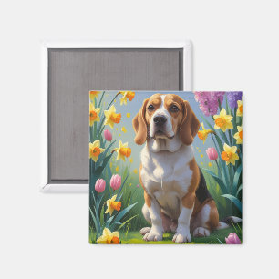 Aimant Peinture de fleurs printanières de chien Beagle