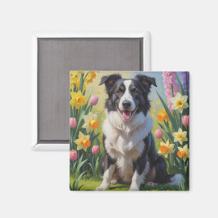 Aimant Peinture de fleurs printanières de chien Border Co