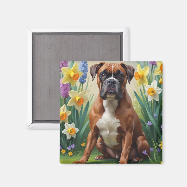 Aimant Peinture de fleurs printanières de chien Boxer (Recto/Verso)