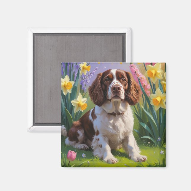 Aimant Peinture de fleurs printanières de chien Brittany  (Recto/Verso)