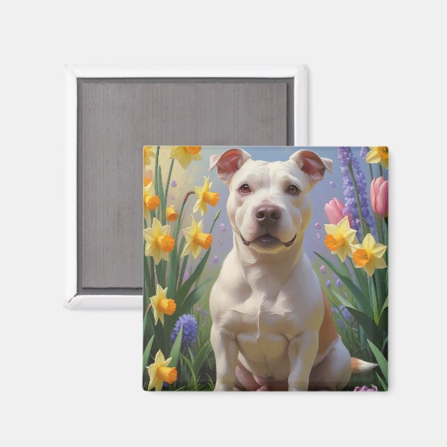 Aimant Peinture de fleurs printanières de chien Bull Terr (Recto/Verso)