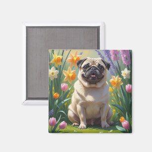 Aimant Peinture de fleurs printanières de chien Carlin