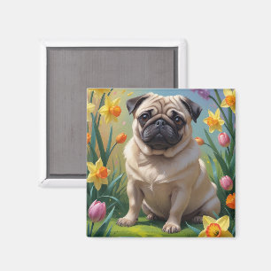Aimant Peinture de fleurs printanières de chien Carlin
