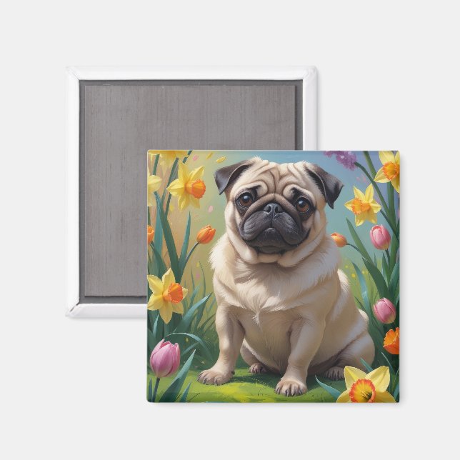 Aimant Peinture de fleurs printanières de chien Carlin (Recto/Verso)