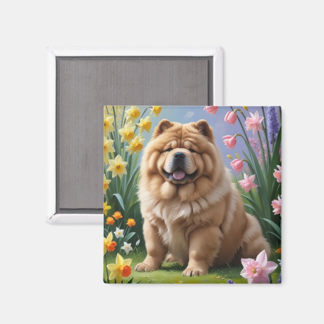 Aimant Peinture de fleurs printanières de chien Chow Chow (Recto/Verso)