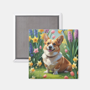 Aimant Peinture de fleurs printanières de chien Corgi