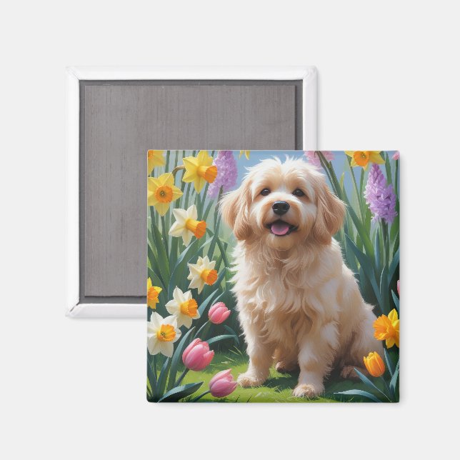 Aimant Peinture de fleurs printanières de chien Coton De  (Recto/Verso)