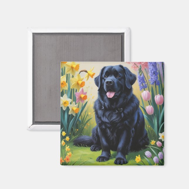 Aimant Peinture de fleurs printanières de chien de Terre- (Recto/Verso)