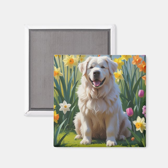 Aimant Peinture de fleurs printanières de chien des Pyrén (Recto/Verso)