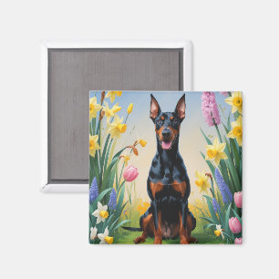 Aimant Peinture de fleurs printanières de chien Doberman