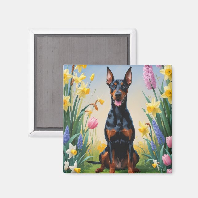 Aimant Peinture de fleurs printanières de chien Doberman (Recto/Verso)