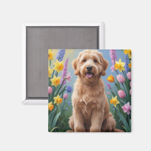 Aimant Peinture de fleurs printanières de chien Goldendoo (Recto/Verso)