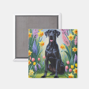 Aimant Peinture de fleurs printanières de chien Great Dan