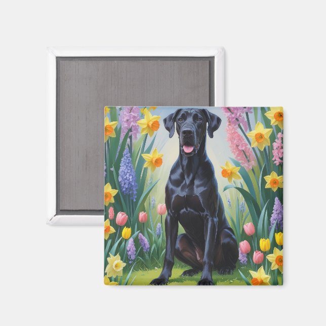 Aimant Peinture de fleurs printanières de chien Great Dan (Recto/Verso)