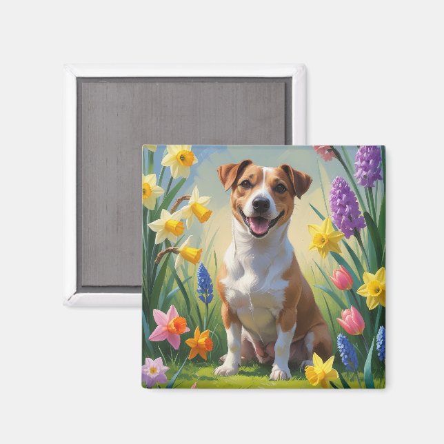 Aimant Peinture de fleurs printanières de chien Jack Russ (Recto/Verso)