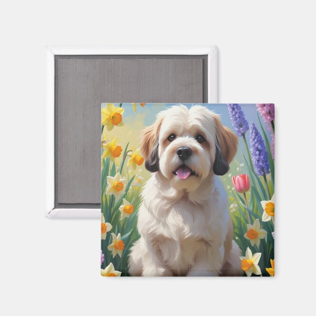 Aimant Peinture de fleurs printanières de chien Lhasa Aps (Recto/Verso)