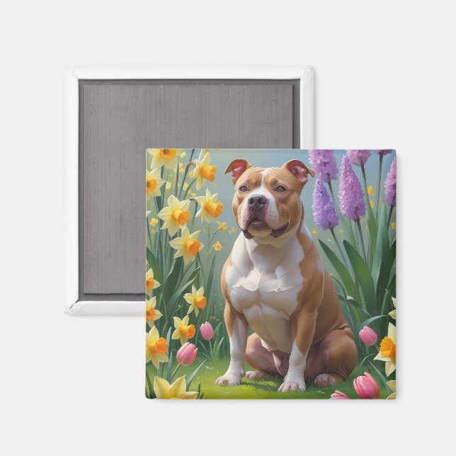 Aimant Peinture de fleurs printanières de chien Pitbull  (Recto/Verso)