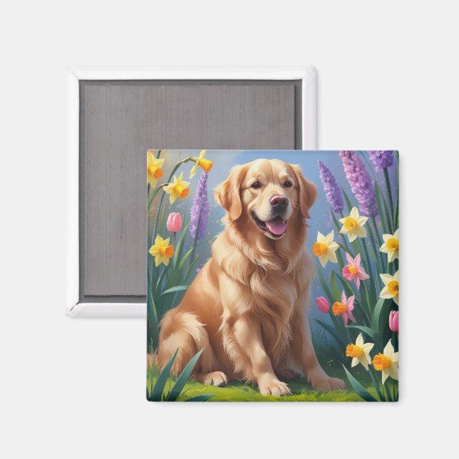 Aimant Peinture de fleurs printanières de chien Retriever (Recto/Verso)
