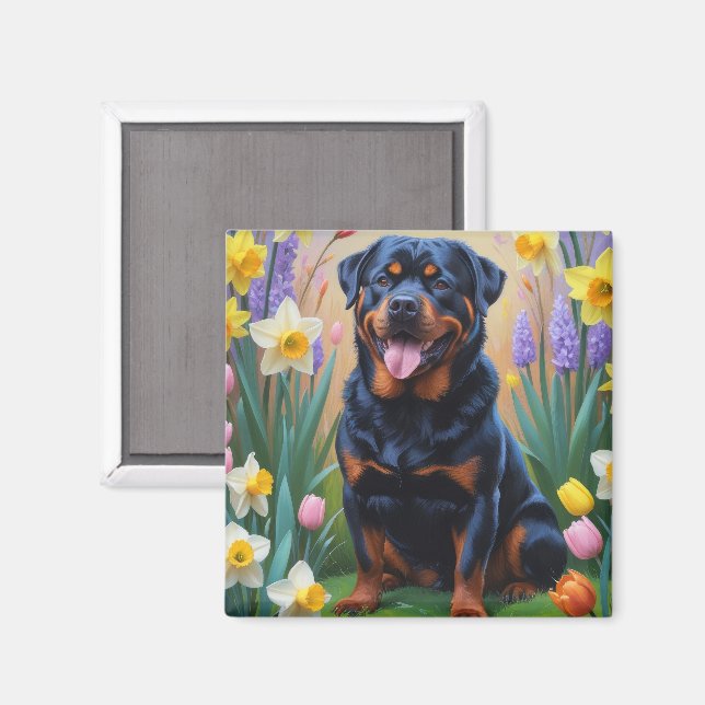 Aimant Peinture de fleurs printanières de chien Rottweile (Recto/Verso)