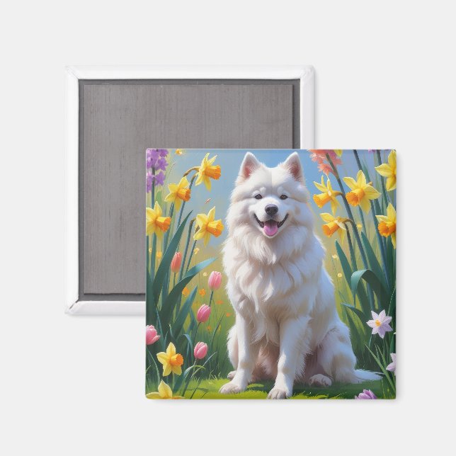 Aimant Peinture de fleurs printanières de chien Samoyed  (Recto/Verso)