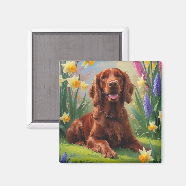 Aimant Peinture de fleurs printanières de chien Setter Ro (Recto/Verso)