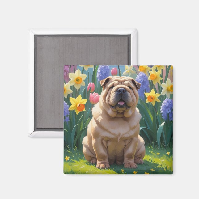 Aimant Peinture de fleurs printanières de chien Shar Pei (Recto/Verso)