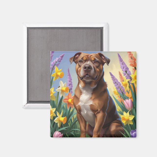 Aimant Peinture de fleurs printanières de chien Staffords (Recto/Verso)