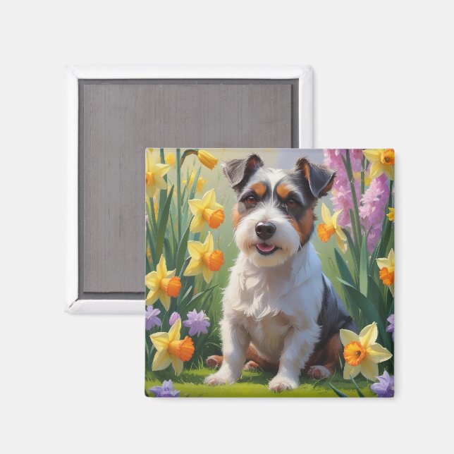 Aimant Peinture de fleurs printanières de chien Terrier A (Recto/Verso)
