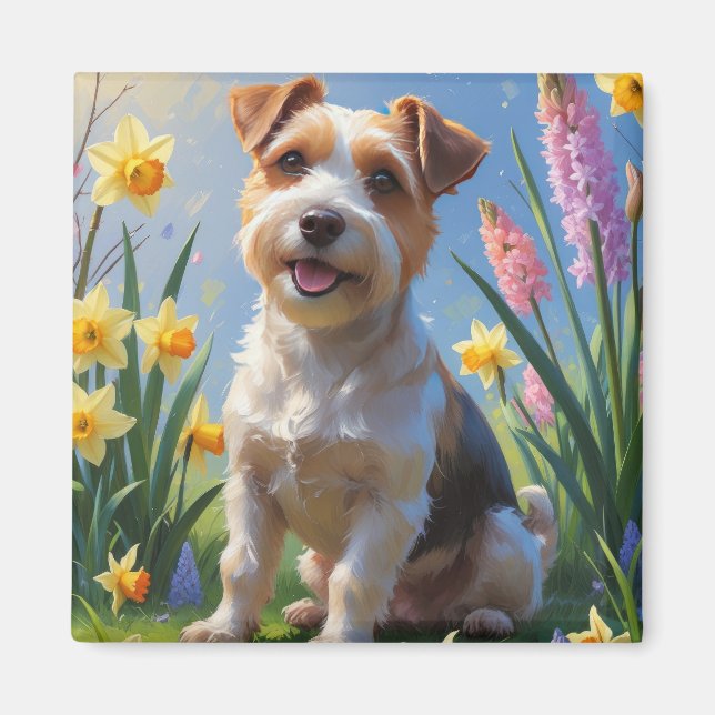 Aimant Peinture de fleurs printanières de chien Terrier B (Devant)