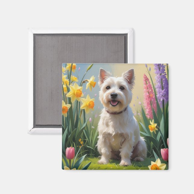 Aimant Peinture de fleurs printanières de chien Terrier C (Recto/Verso)