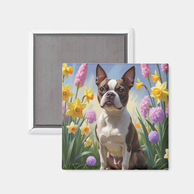 Aimant Peinture de fleurs printanières de chien Terrier d (Recto/Verso)