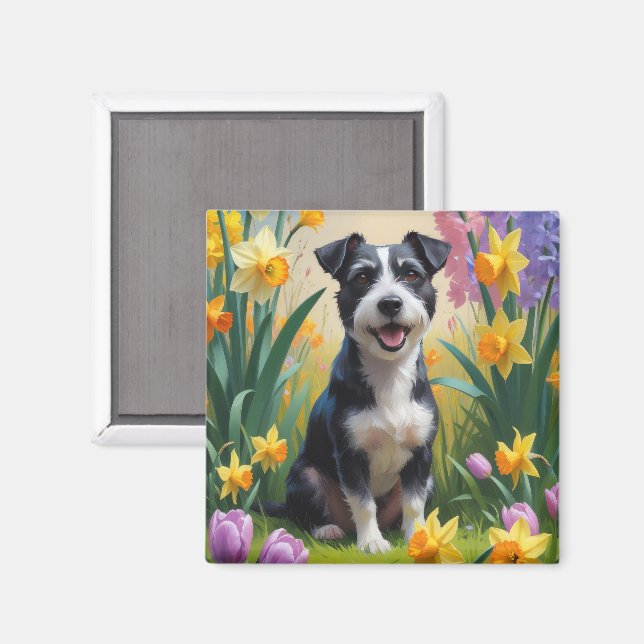 Aimant Peinture de fleurs printanières de chien Terrier R (Recto/Verso)