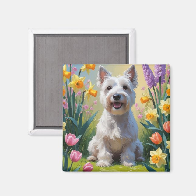 Aimant Peinture de fleurs printanières de chien Terrier S (Recto/Verso)