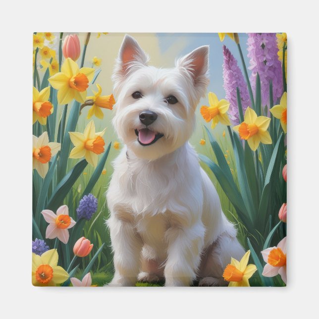 Aimant Peinture de fleurs printanières de chien Terrier T (Devant)