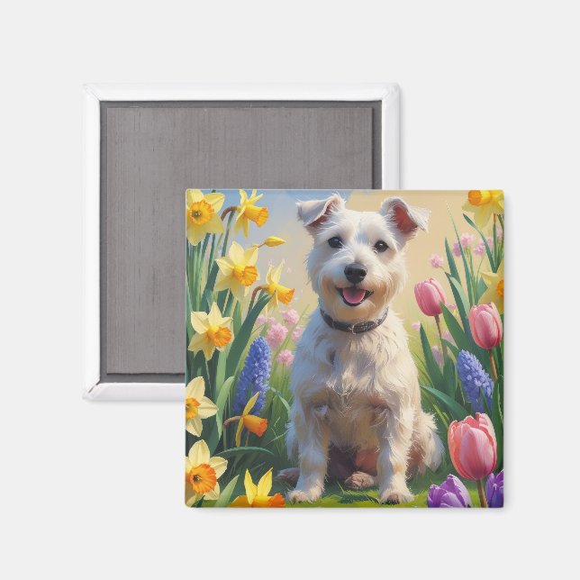 Aimant Peinture de fleurs printanières de chien Terrier W (Recto/Verso)