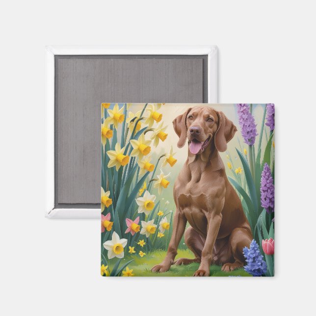 Aimant Peinture de fleurs printanières de chien Vizsla (Recto/Verso)