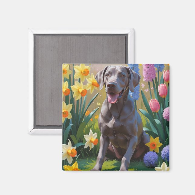 Aimant Peinture de fleurs printanières de chien Weimarane (Recto/Verso)