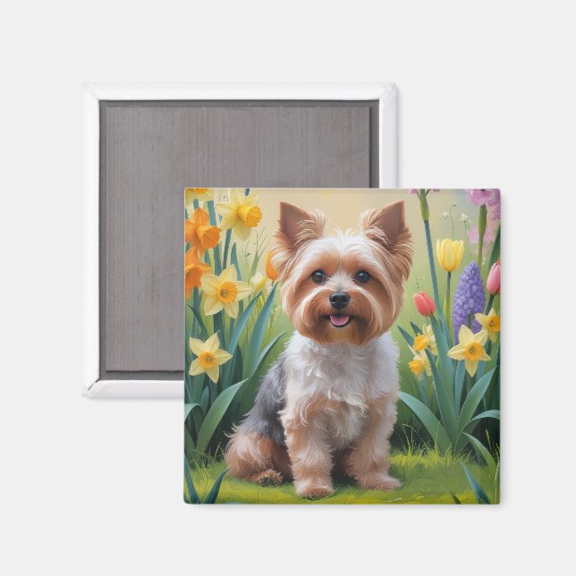 Aimant Peinture de fleurs printanières de chien Yorkipoo (Recto/Verso)