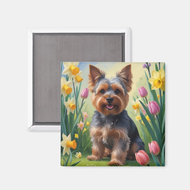 Aimant Peinture de fleurs printanières de Terrier de York (Recto/Verso)