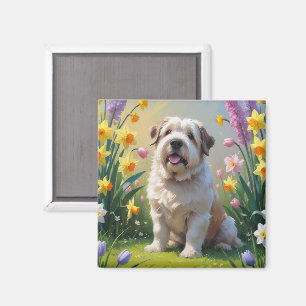 Aimant Peinture de fleurs printanières de vieux chien de